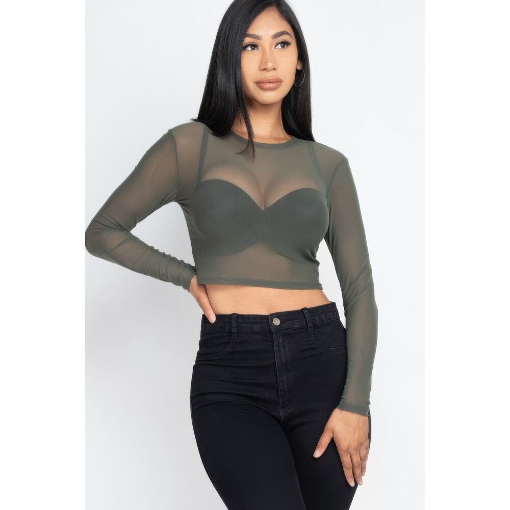 HackleBee | Women's Olive Sexy Sheer Mesh Long Sleeve Crop Top Size S, M, L